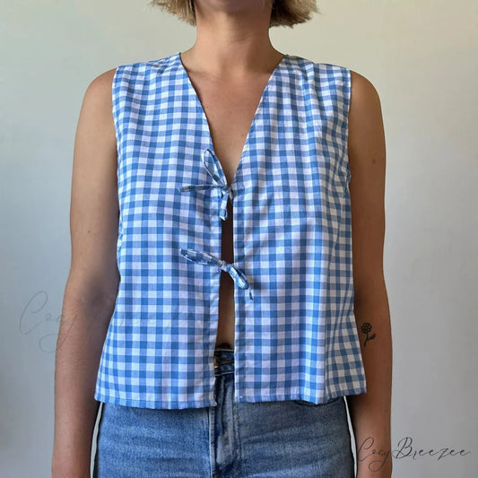 Checkered Tie-Front Crop Top Blue / S croptop-250223