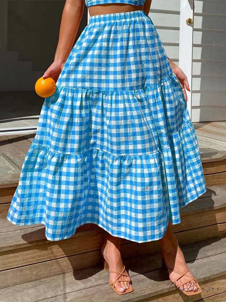 Checkered Tiered Patchwork Skirt Blue / S skirts-250223