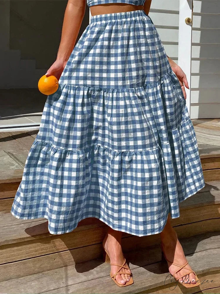 Checkered Tiered Patchwork Skirt DEEP BLUE / S skirts-250223