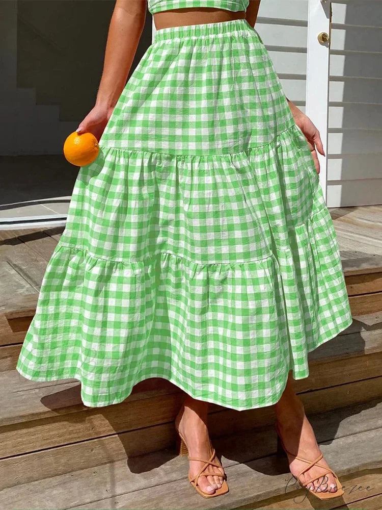 Checkered Tiered Patchwork Skirt Green / S skirts-250223