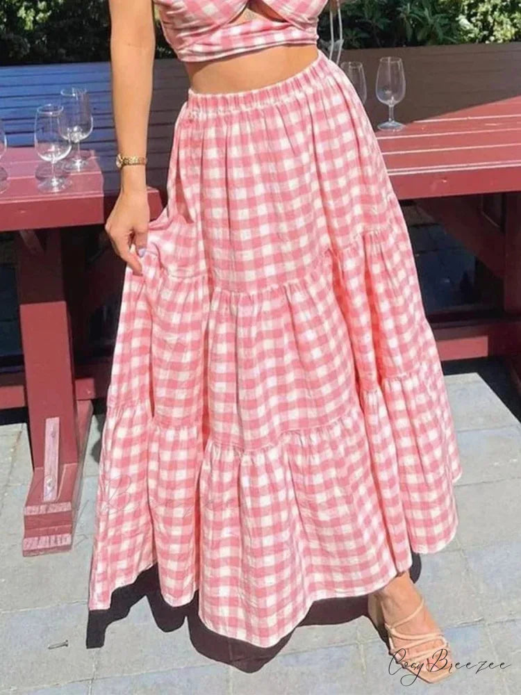 Checkered Tiered Patchwork Skirt Pink / S skirts-250223