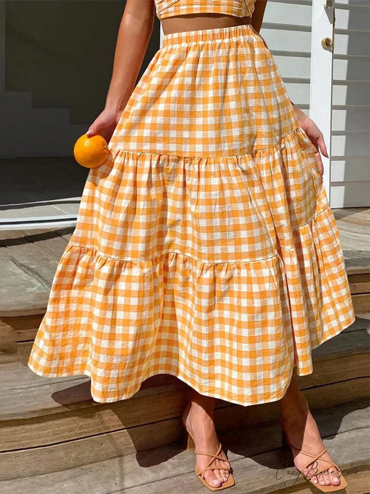Checkered Tiered Patchwork Skirt Yellow / S skirts-250223