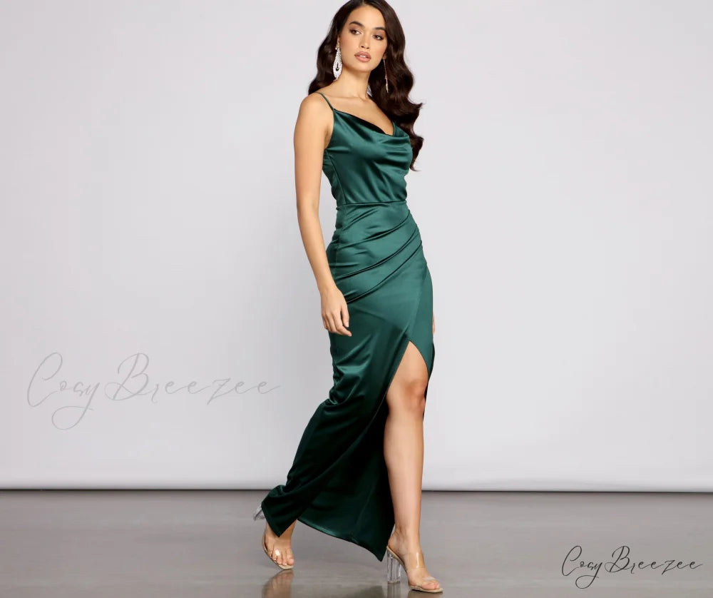 Chelsea Satin High Charming Slit Formal Dress