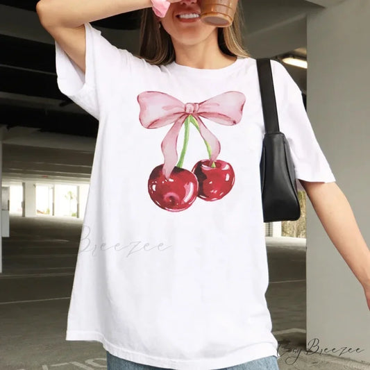 Cherry Bow Patterned Classic T-shirt WHITE / S t-shirt-250223