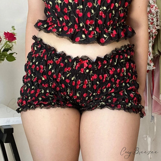 Cherry Print Ruffle Bloomer Shorts red / S short-250223
