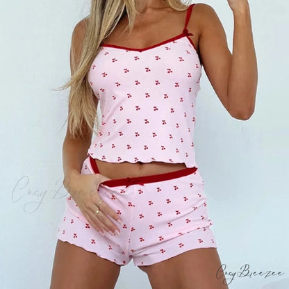 Cherry Print Sleeveless V Neck Cami Crop Top Shorts Two Pieces Set Pink / S twopiecesset-250126