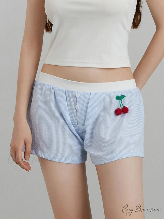 Cherry Striped Elastic Waist Shorts SKY BLUE / S short-250223