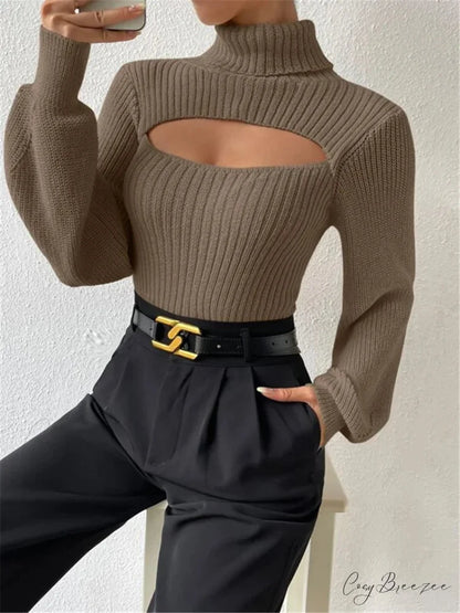 Chest Hollowed-out Turtleneck Sexy Sweater Khaki / S swraters-241228
