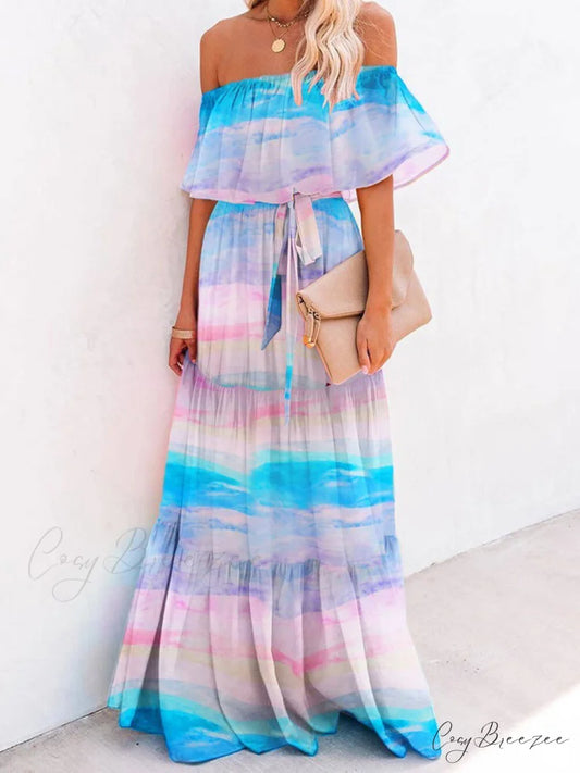 Chest Wrap Printed Charming Full Skirt Dress Yun Cai Lan / S