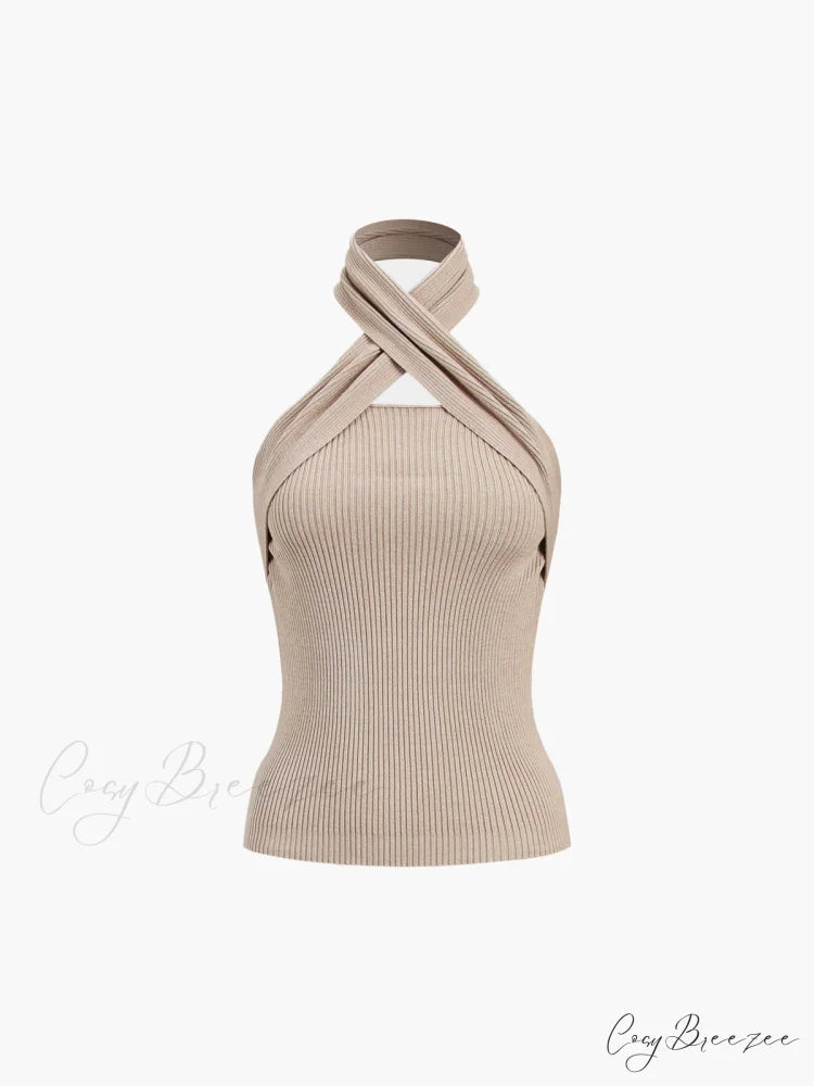 Chestnut Halter Graceful Rib Knit Top