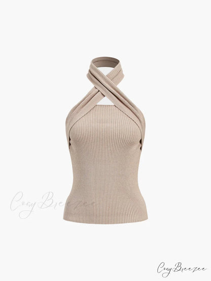 Chestnut Halter Graceful Rib Knit Top