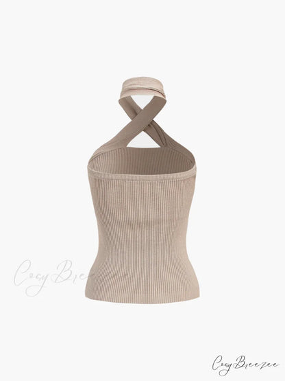 Chestnut Halter Graceful Rib Knit Top