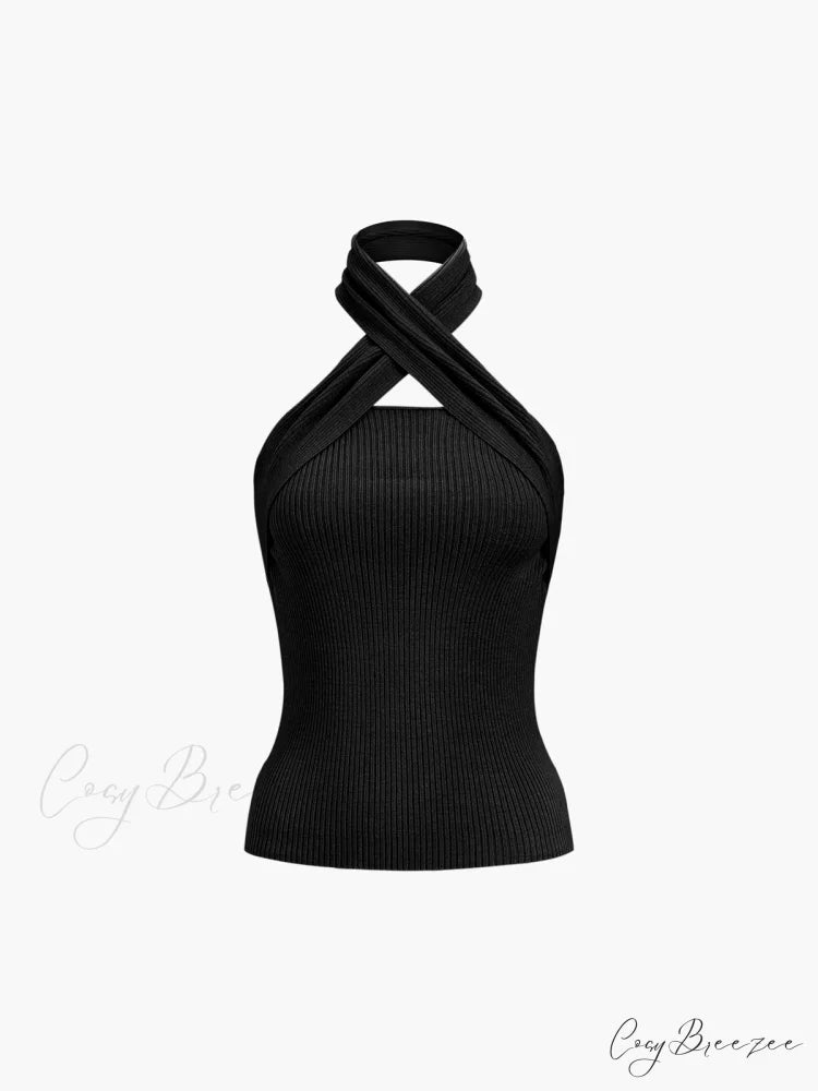 Chestnut Halter Graceful Rib Knit Top Black / XS