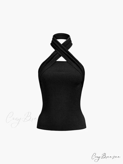 Chestnut Halter Graceful Rib Knit Top Black / XS