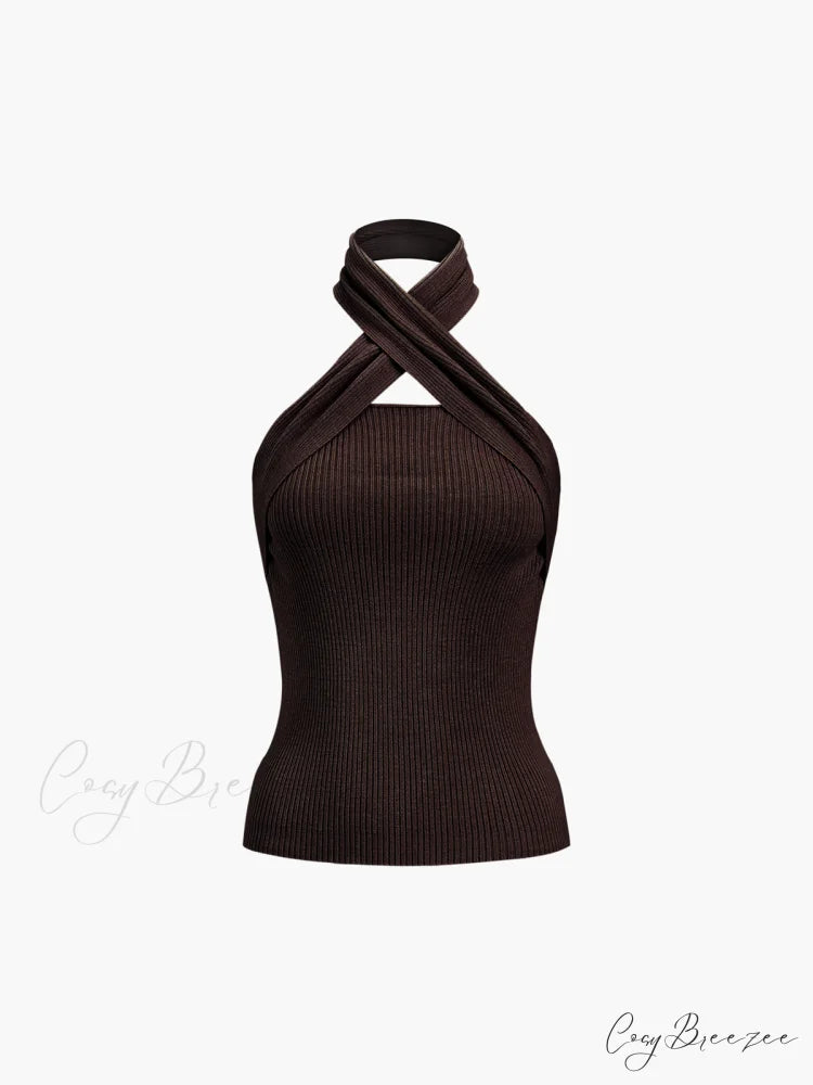 Chestnut Halter Graceful Rib Knit Top Dark Brown / XS