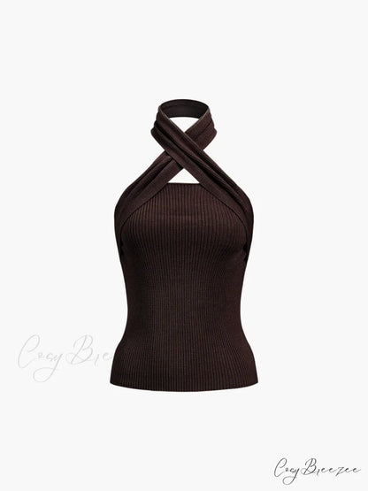 Chestnut Halter Graceful Rib Knit Top Dark Brown / XS