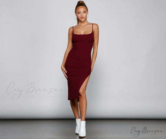 Chic And Seamless Charming Midi Sweater Dress BURGUNDY / XS