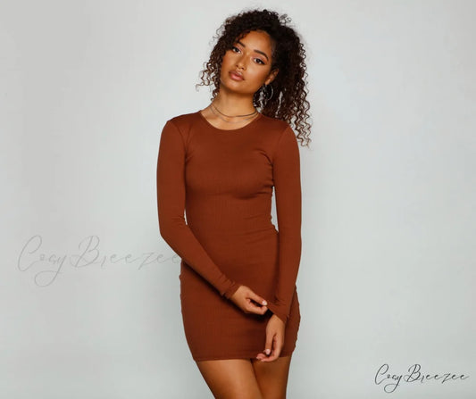 Chic Basic Long Charming Sleeve Mini Dress BROWN / XS