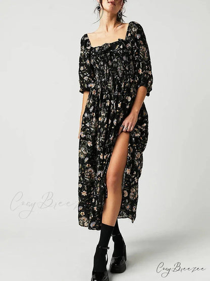 Chic Boho Backless Ruffle Floral Dress Black / S oldfloraldress-250126