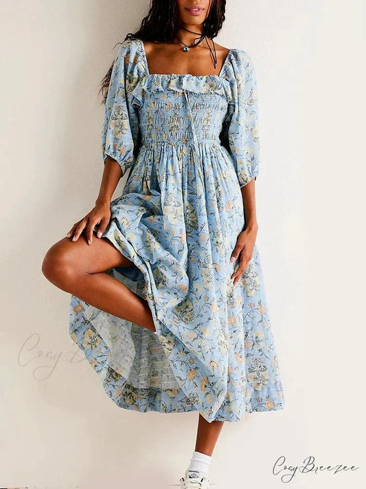 Chic Boho Backless Ruffle Floral Dress Blue / S oldfloraldress-250126