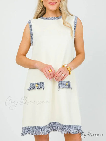 Chic Contrast Stitching Charming Fringe Mini Dress Cream / S