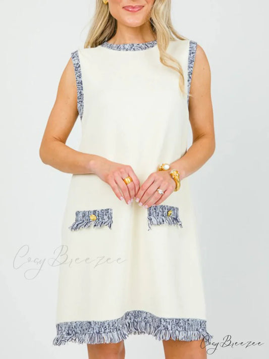 Chic Contrast Stitching Charming Fringe Mini Dress Cream / S