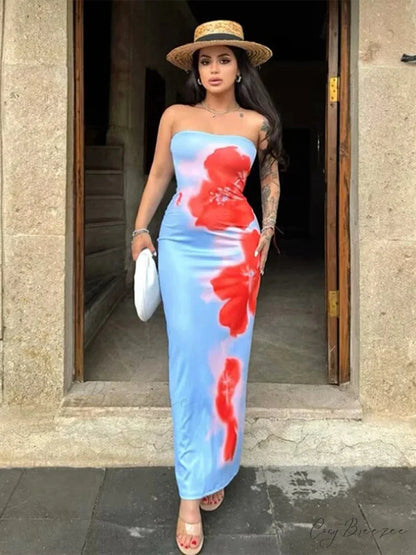 Chic Floral Strapless Midi Split Backless Dress floraldress-250126