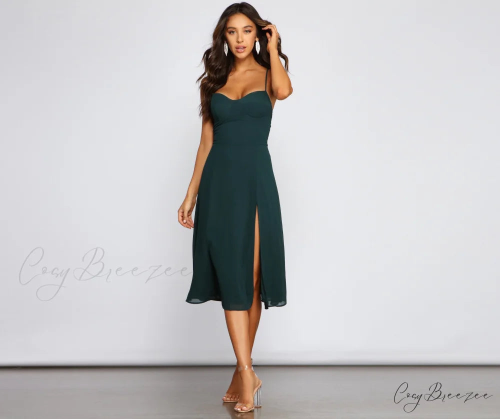 Chic Flowy Stylish Chiffon Midi Dress HUNTER / XS