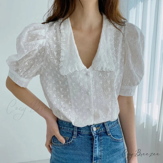 Chic Hollow Lace Puff Sleeve Peter Pan Collar Crop Top blouse-250126