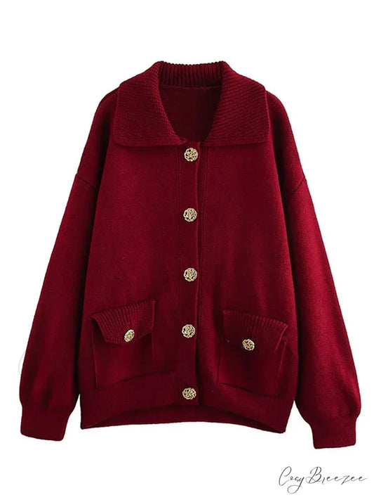 Chic Lapel Solid Single Breasted Pockets Long Knit Cardigan Photo Color / S cardiagn-250126