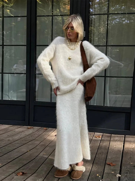 Chic O-neck Cashmere Skirt Sweater White suit / S swraters-241228