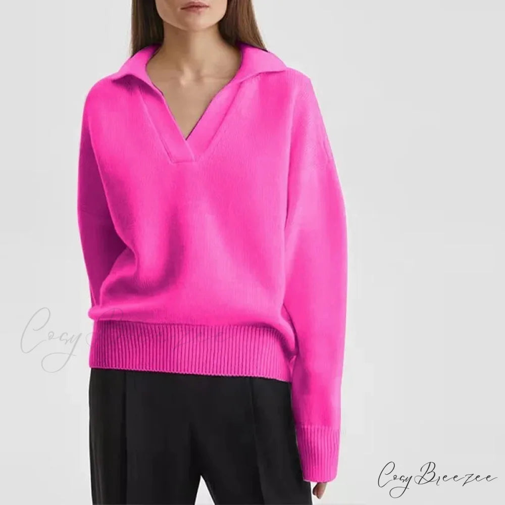 Chic Polo Collar Casual Oversized Solid Color Knitted Christmas Sweater