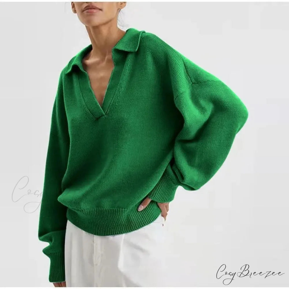 Chic Polo Collar Casual Oversized Solid Color Knitted Christmas Sweater Green / S