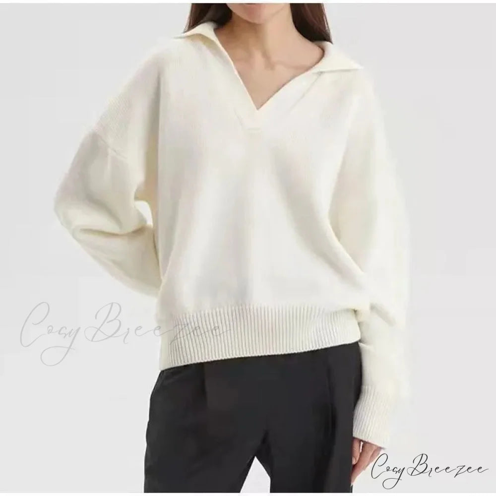 Chic Polo Collar Casual Oversized Solid Color Knitted Christmas Sweater Ivory / S