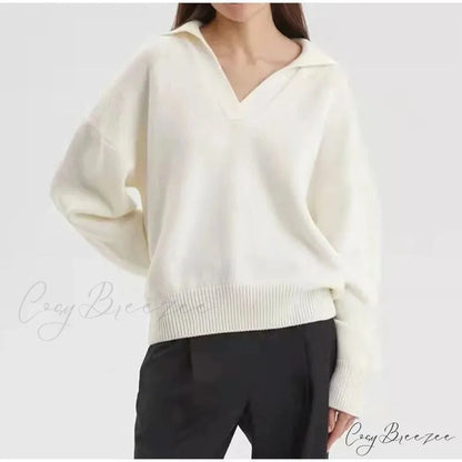 Chic Polo Collar Casual Oversized Solid Color Knitted Christmas Sweater Ivory / S