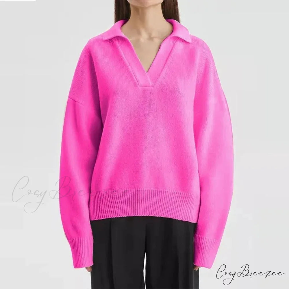Chic Polo Collar Casual Oversized Solid Color Knitted Christmas Sweater Rose Red / S