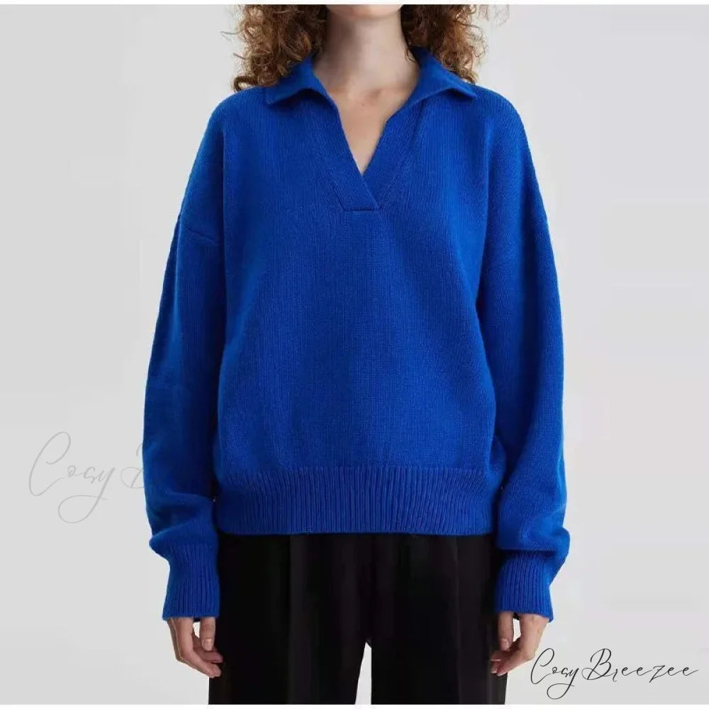Chic Polo Collar Casual Oversized Solid Color Knitted Christmas Sweater SKY BLUE / S
