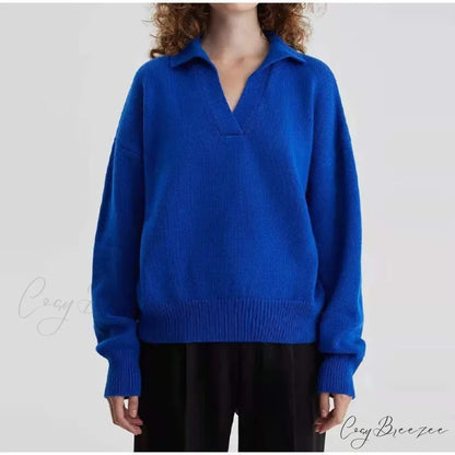 Chic Polo Collar Casual Oversized Solid Color Knitted Christmas Sweater SKY BLUE / S