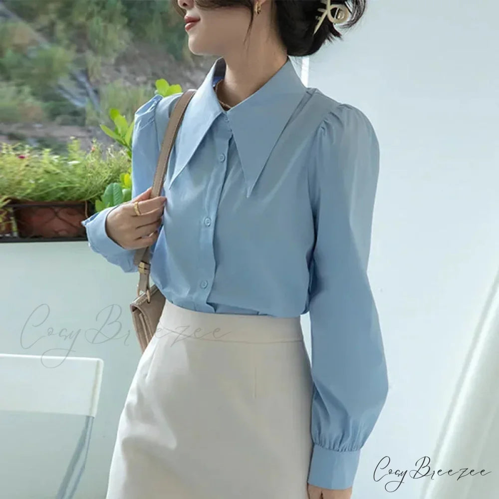 Chic Puff Sleeve Turn Down Collar White Crop Top blouse-250126