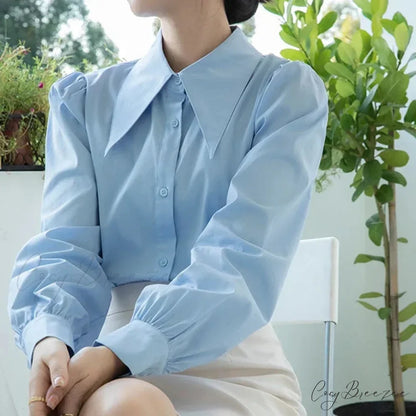 Chic Puff Sleeve Turn Down Collar White Crop Top blouse-250126