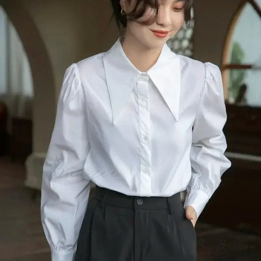 Chic Puff Sleeve Turn Down Collar White Crop Top blouse-250126