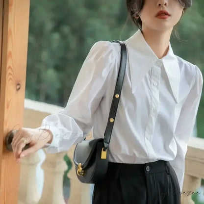 Chic Puff Sleeve Turn Down Collar White Crop Top blouse-250126