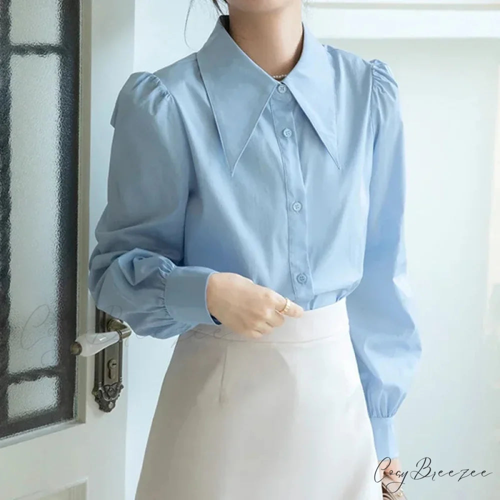 Chic Puff Sleeve Turn Down Collar White Crop Top blouse-250126