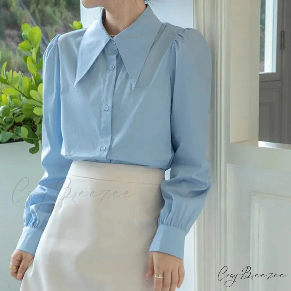 Chic Puff Sleeve Turn Down Collar White Crop Top Blue / S blouse-250126