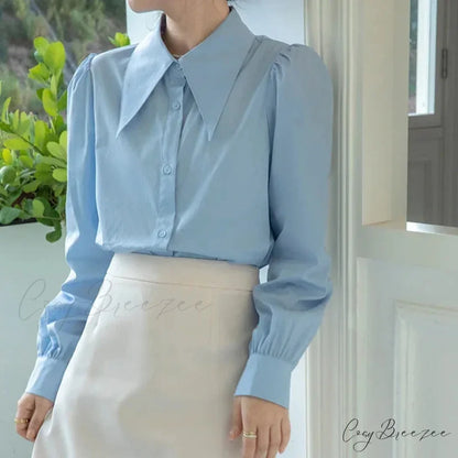 Chic Puff Sleeve Turn Down Collar White Crop Top Blue / S blouse-250126