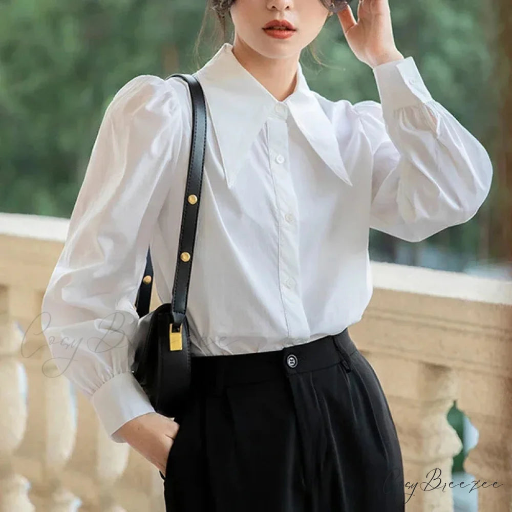 Chic Puff Sleeve Turn Down Collar White Crop Top WHITE / S blouse-250126