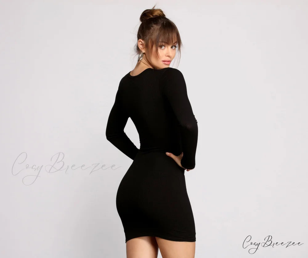 Chic Ribbed Knit Charming Basic Mini Dress