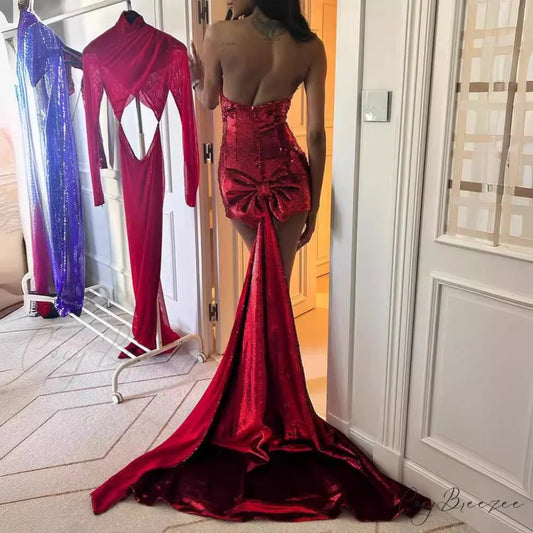 Chic Strapless Glitter Fitted Bow-Back Formal Dress promdress-250223