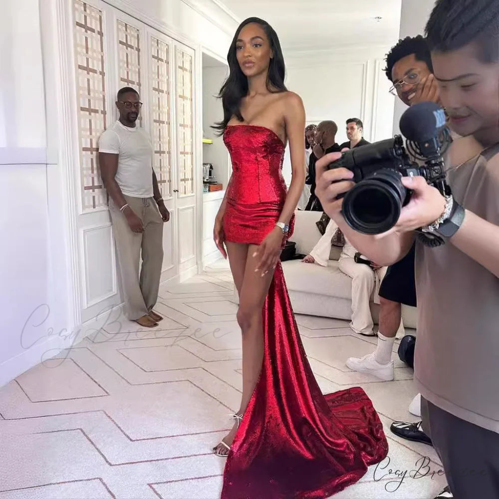 Chic Strapless Glitter Fitted Bow-Back Formal Dress red / XS promdress-250223