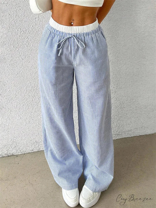 Chic Striped Side-Slit Tie-Up Spacious Sweatpant BLUE / S pant-250223